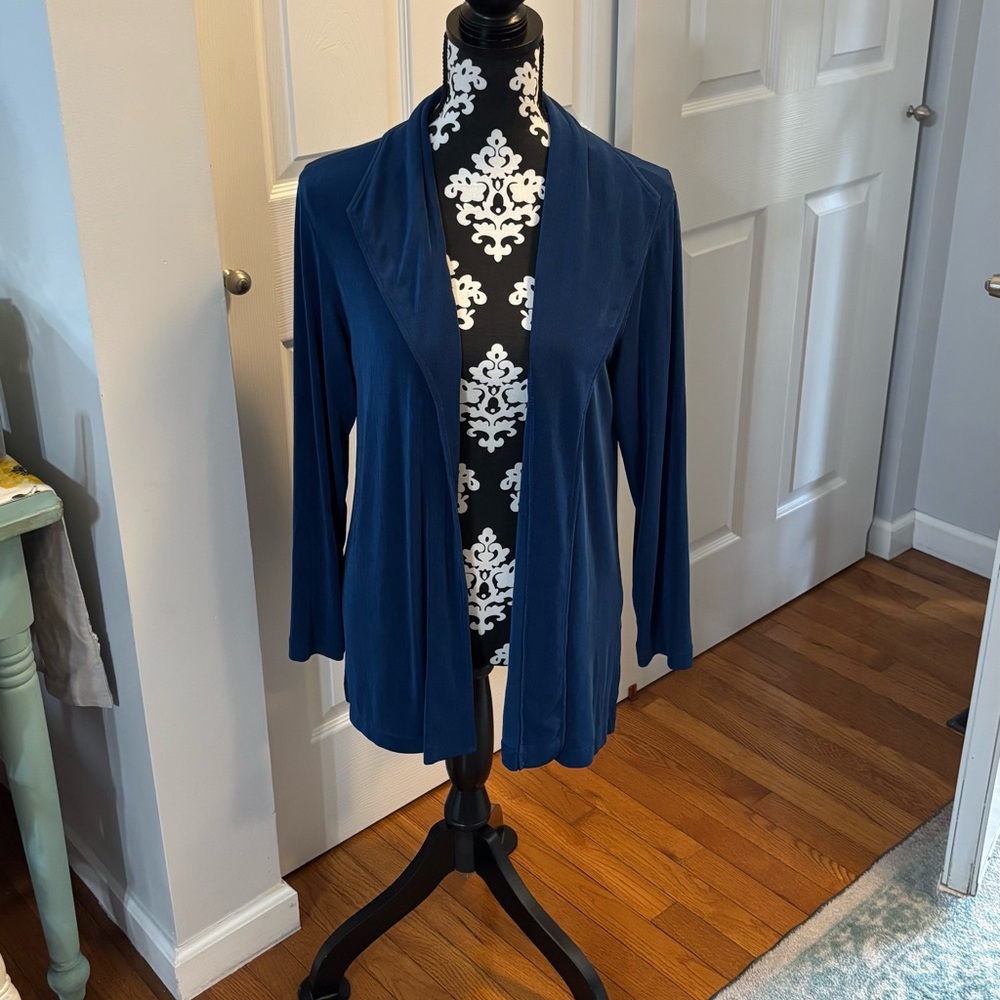 Chico’s Travelers Cardigan Womens Sz 2 Blue Large Classic Long Open Knit Jacket